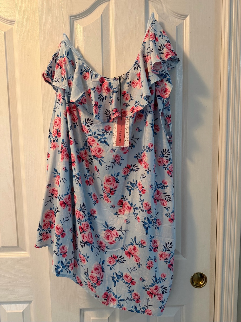 Andre By Unit Floral Off-Shoulder Ruffle Top - Light Blue with Pink Roses